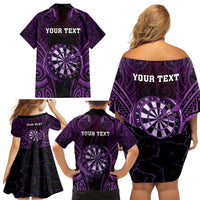 Personalised New Zealand Darts Family Matching Off Shoulder Short Dress and Hawaiian Shirt Purple Dart Board Maori Pattern LT05 - Polynesian Pride