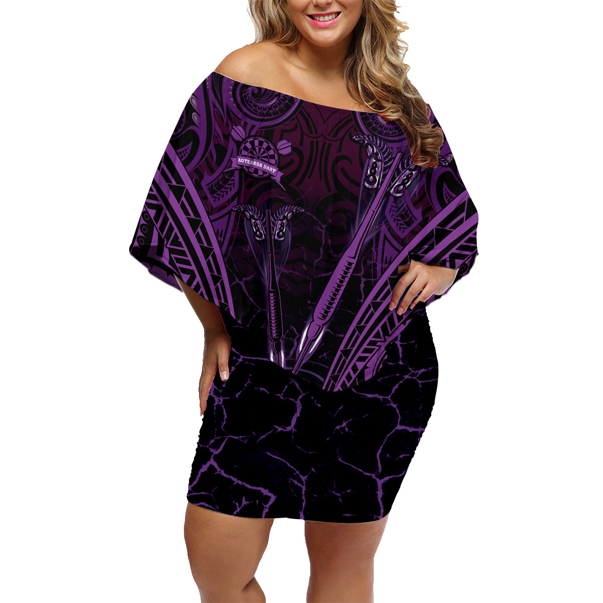 Personalised New Zealand Darts Family Matching Off Shoulder Short Dress and Hawaiian Shirt Purple Dart Board Maori Pattern LT05 Mom's Dress Purple - Polynesian Pride