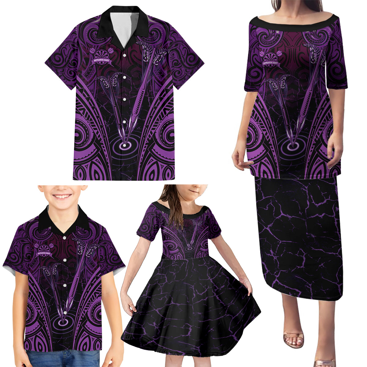 Personalised New Zealand Darts Family Matching Puletasi and Hawaiian Shirt Purple Dart Board Maori Pattern LT05 - Polynesian Pride