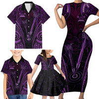 Personalised New Zealand Darts Family Matching Short Sleeve Bodycon Dress and Hawaiian Shirt Purple Dart Board Maori Pattern LT05 - Polynesian Pride