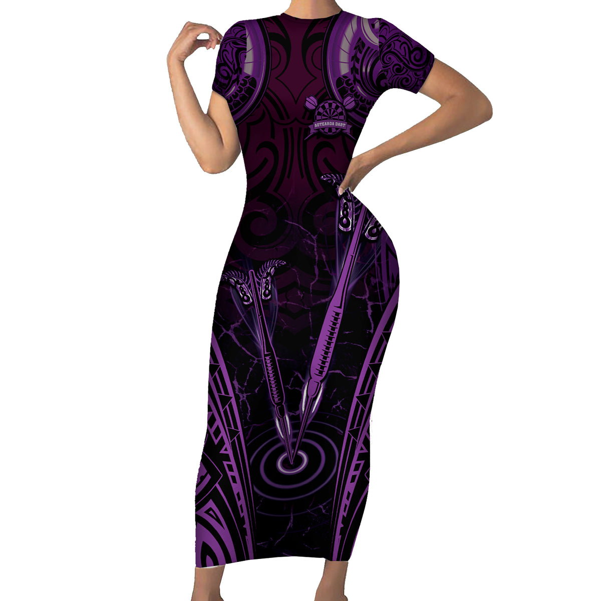 Personalised New Zealand Darts Family Matching Short Sleeve Bodycon Dress and Hawaiian Shirt Purple Dart Board Maori Pattern LT05 Mom's Dress Purple - Polynesian Pride