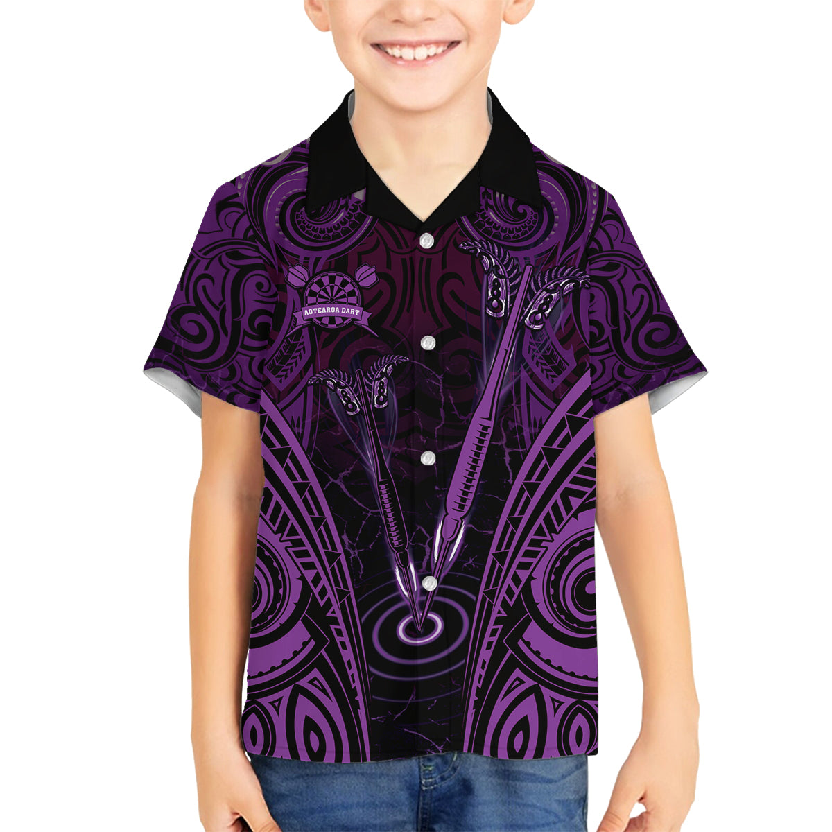 Personalised New Zealand Darts Family Matching Tank Maxi Dress and Hawaiian Shirt Purple Dart Board Maori Pattern LT05 Son's Shirt Purple - Polynesian Pride