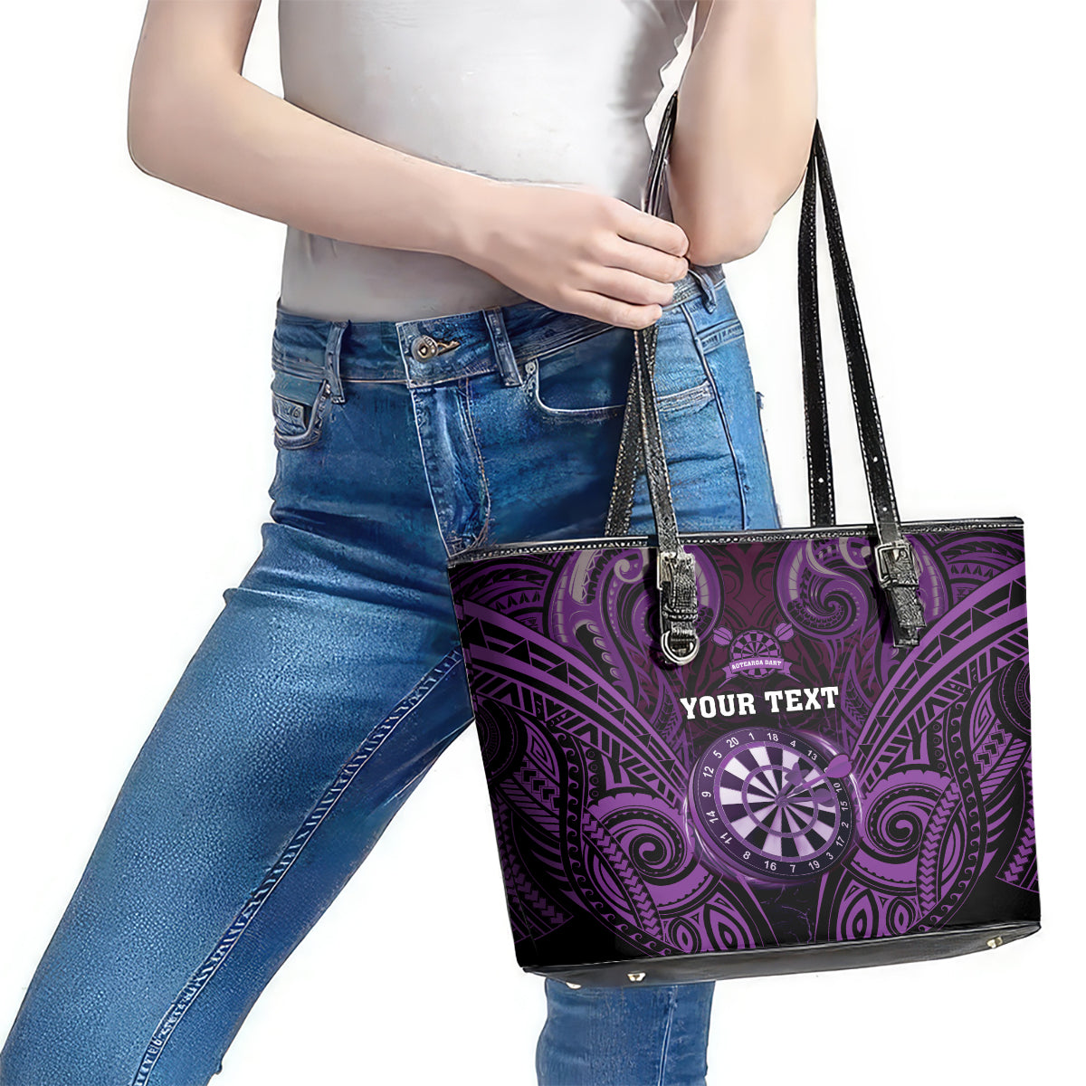 Personalised New Zealand Darts Leather Tote Bag Purple Dart Board Maori Pattern