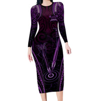 Personalised New Zealand Darts Long Sleeve Bodycon Dress Purple Dart Board Maori Pattern