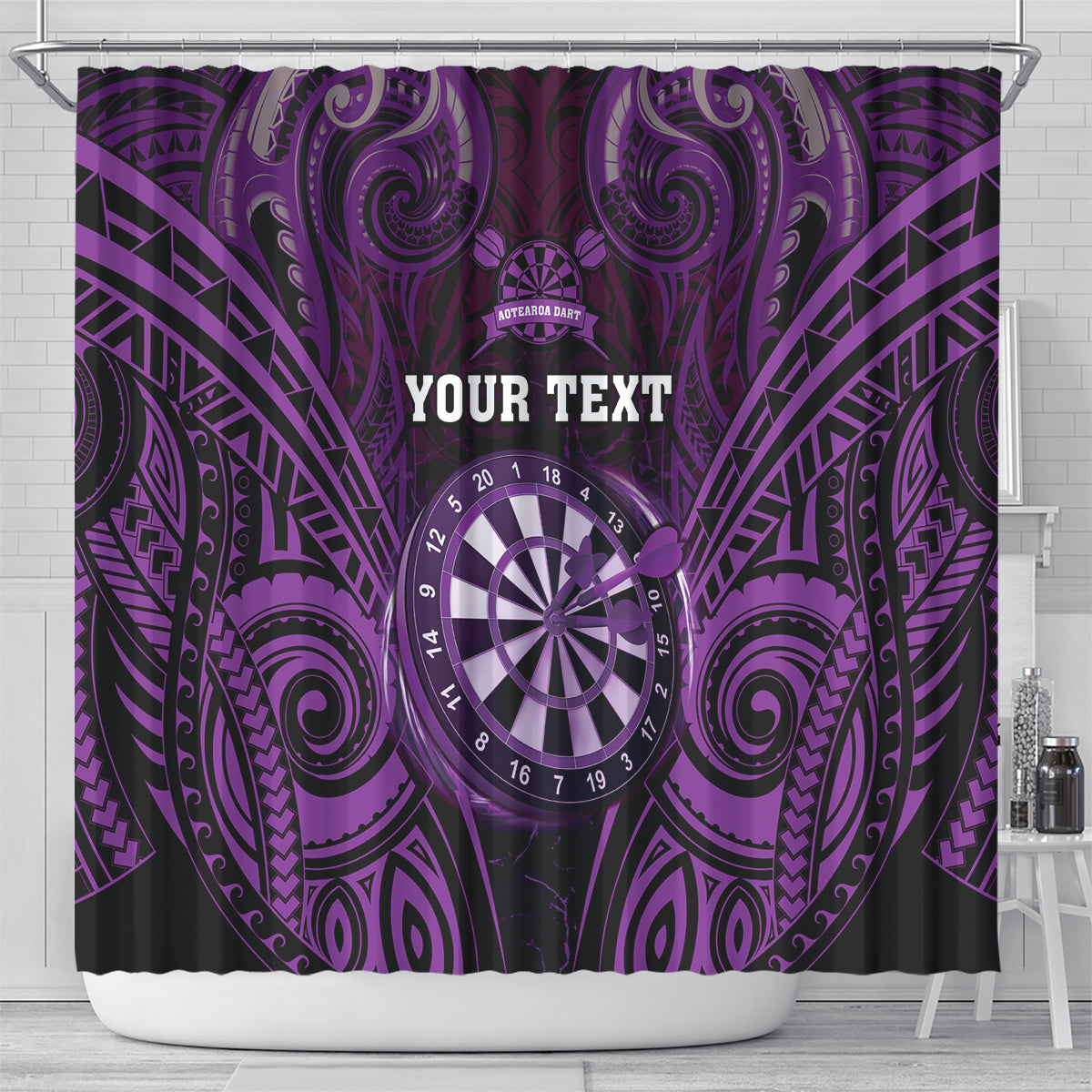 Personalised New Zealand Darts Shower Curtain Purple Dart Board Maori Pattern LT05 - Polynesian Pride