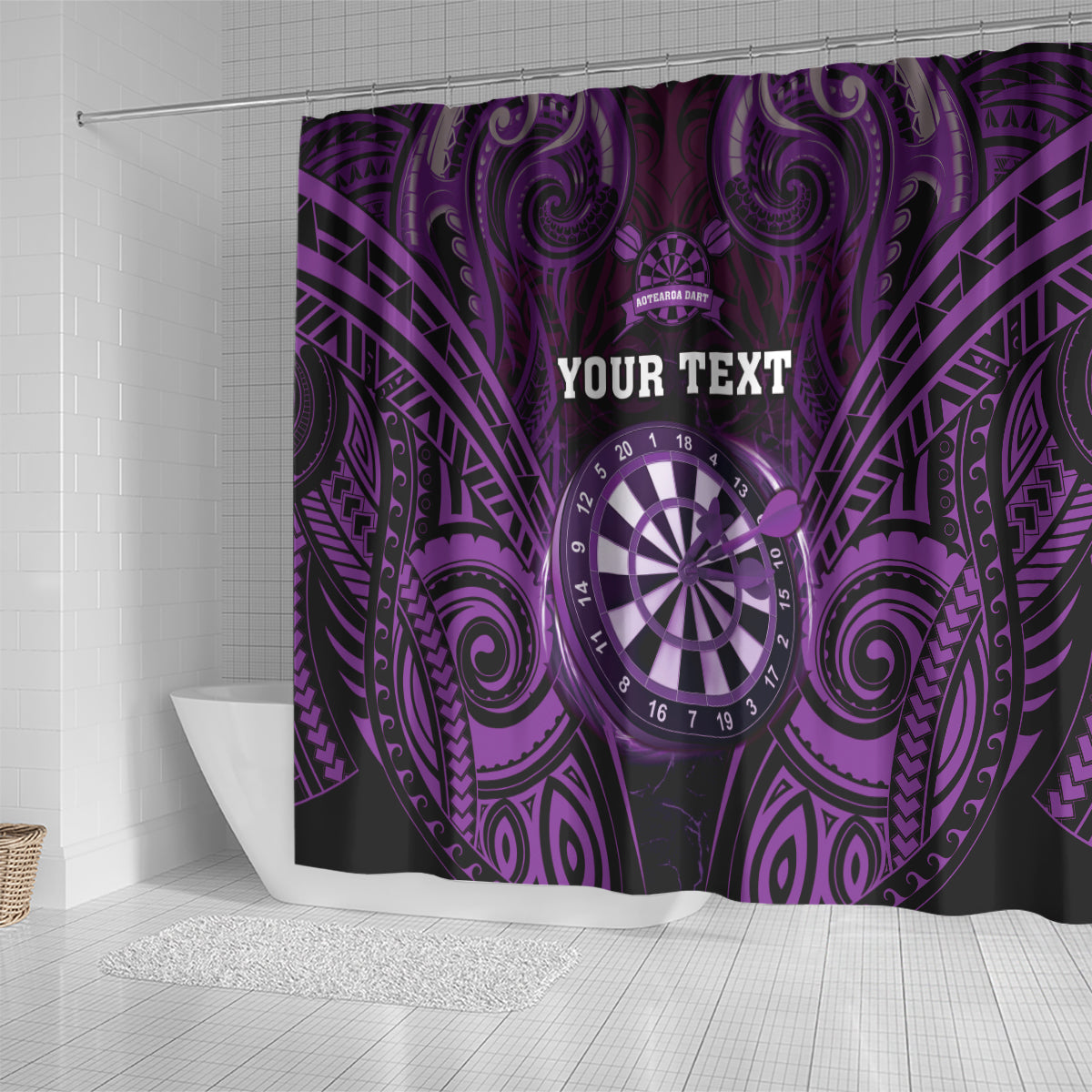 Personalised New Zealand Darts Shower Curtain Purple Dart Board Maori Pattern LT05 - Polynesian Pride