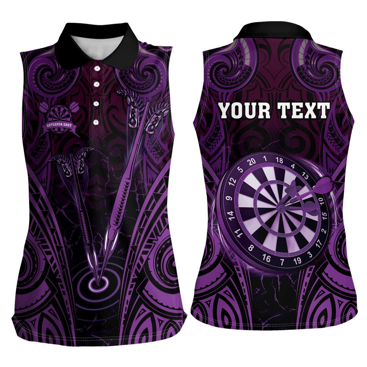Personalised New Zealand Darts Women Sleeveless Polo Shirt Purple Dart Board Maori Pattern LT05 - Polynesian Pride
