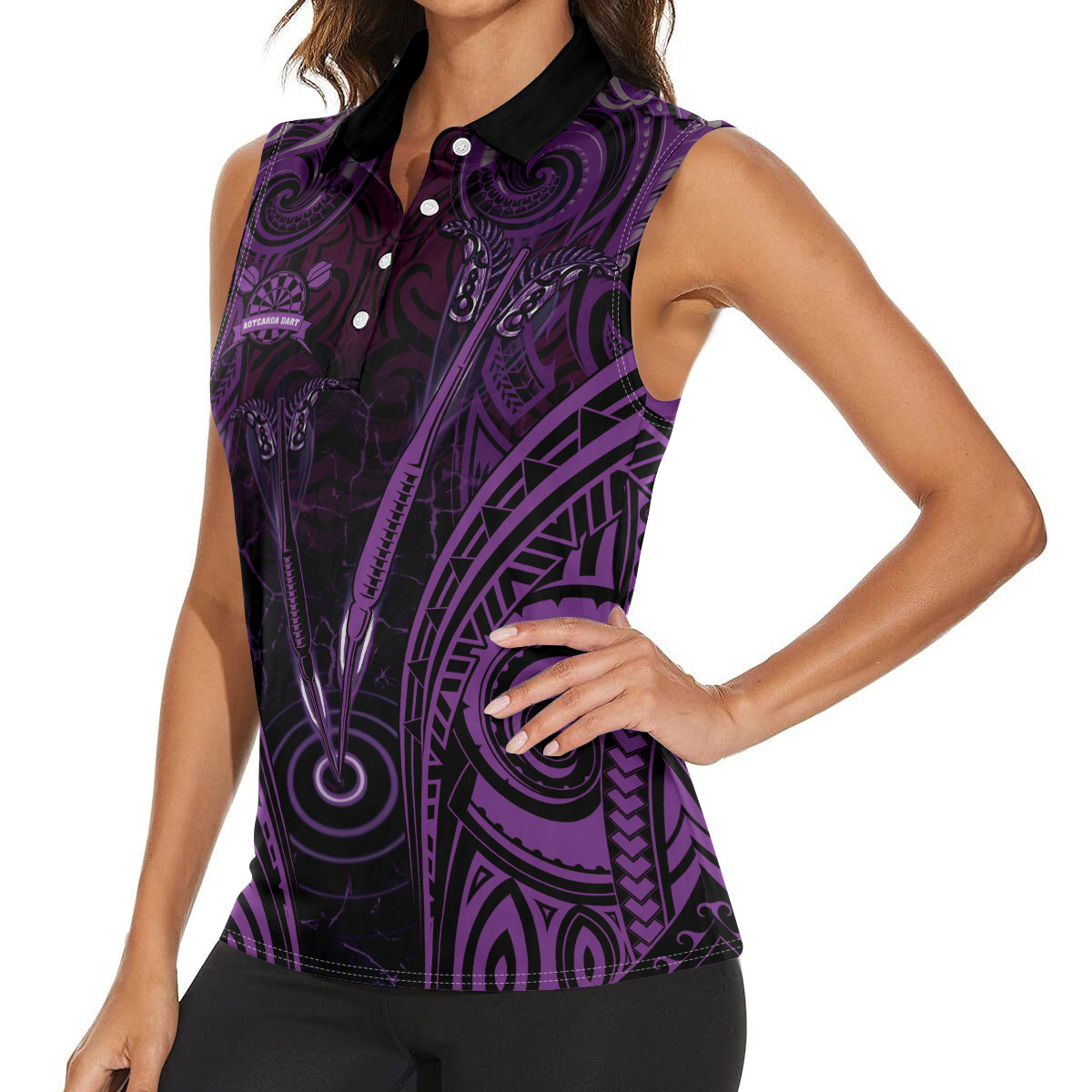 Personalised New Zealand Darts Women Sleeveless Polo Shirt Purple Dart Board Maori Pattern LT05 - Polynesian Pride