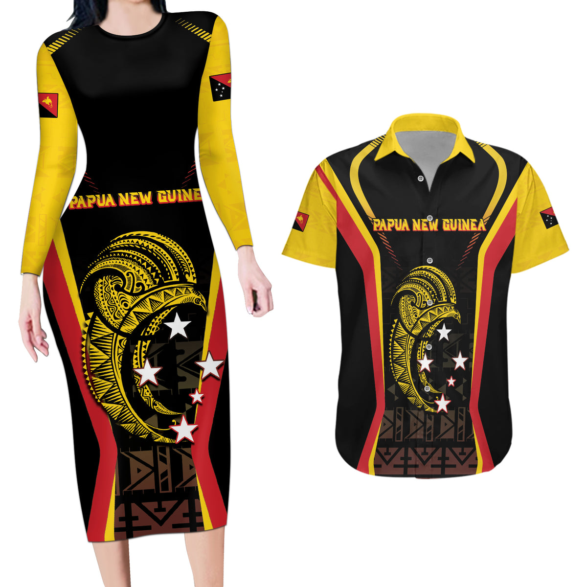 Custom Papua New Guinea Cricket Couples Matching Long Sleeve Bodycon Dress and Hawaiian Shirt 2024 World Cup LT05 Black - Polynesian Pride