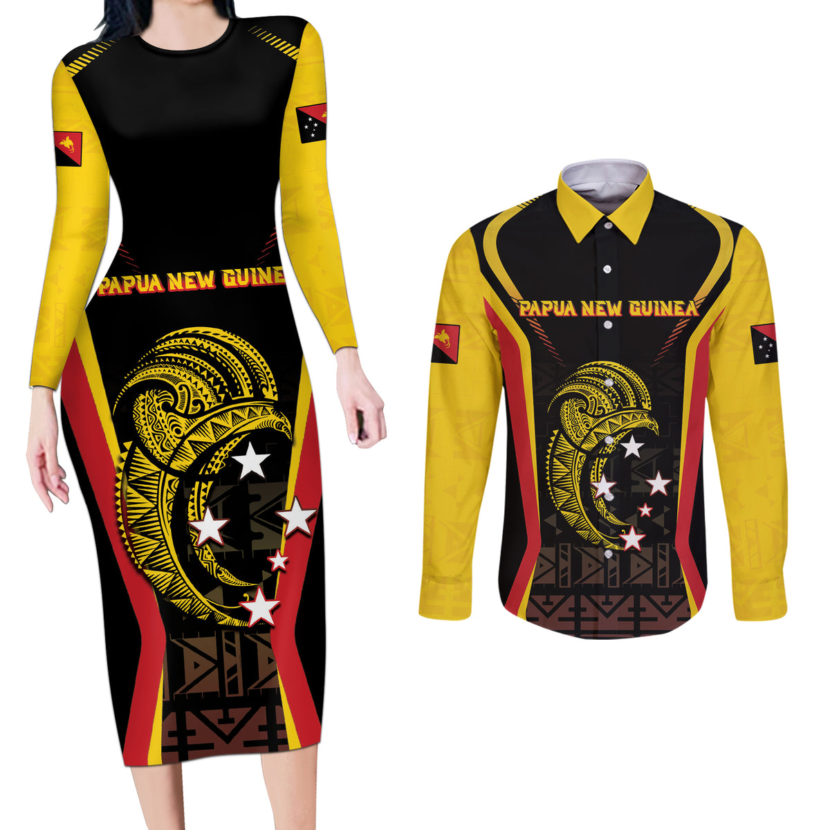 Custom Papua New Guinea Cricket Couples Matching Long Sleeve Bodycon Dress and Long Sleeve Button Shirt 2024 World Cup LT05 Black - Polynesian Pride