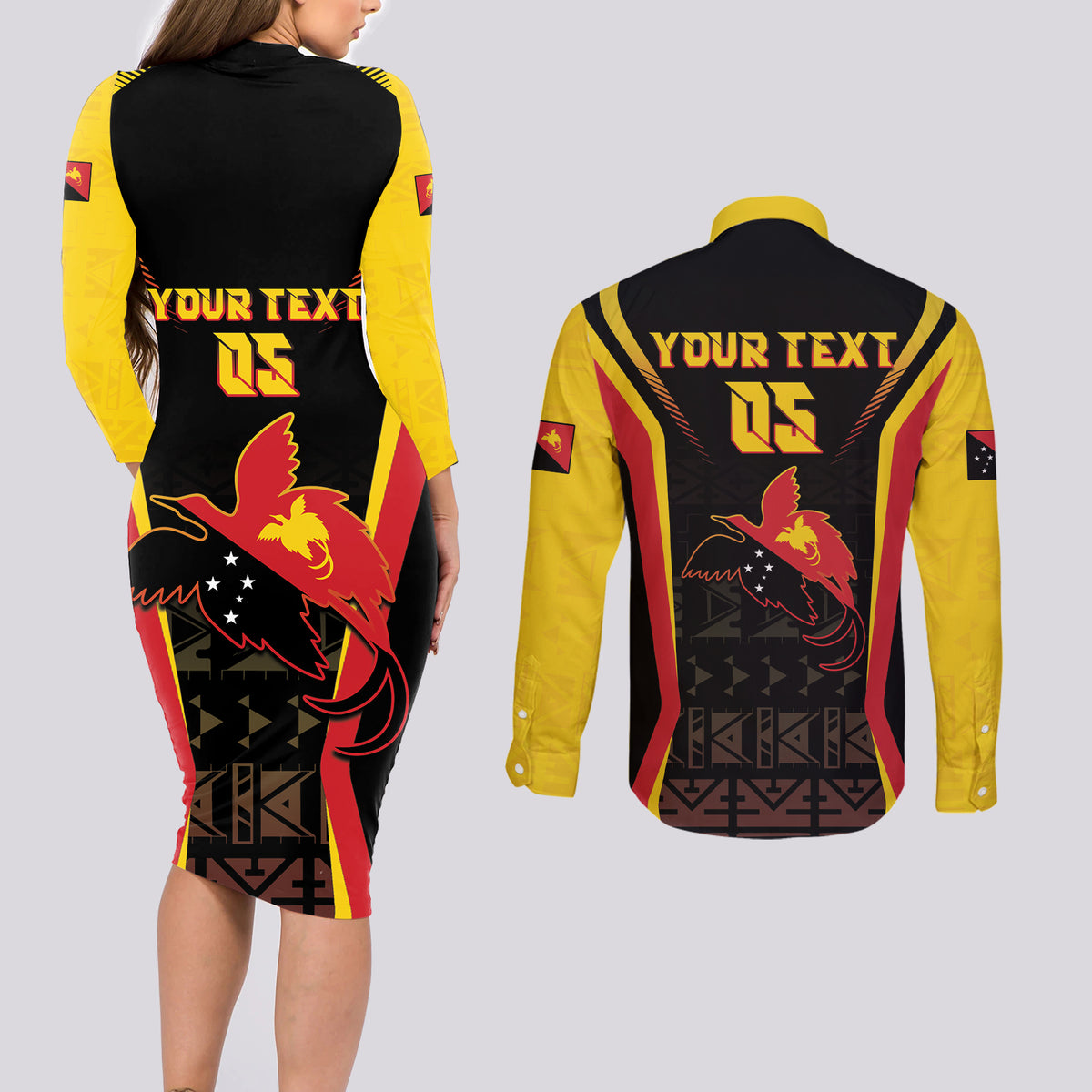 Custom Papua New Guinea Cricket Couples Matching Long Sleeve Bodycon Dress and Long Sleeve Button Shirt 2024 World Cup LT05 - Polynesian Pride