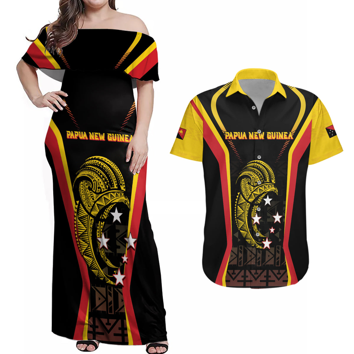 Custom Papua New Guinea Cricket Couples Matching Off Shoulder Maxi Dress and Hawaiian Shirt 2024 World Cup LT05 Black - Polynesian Pride