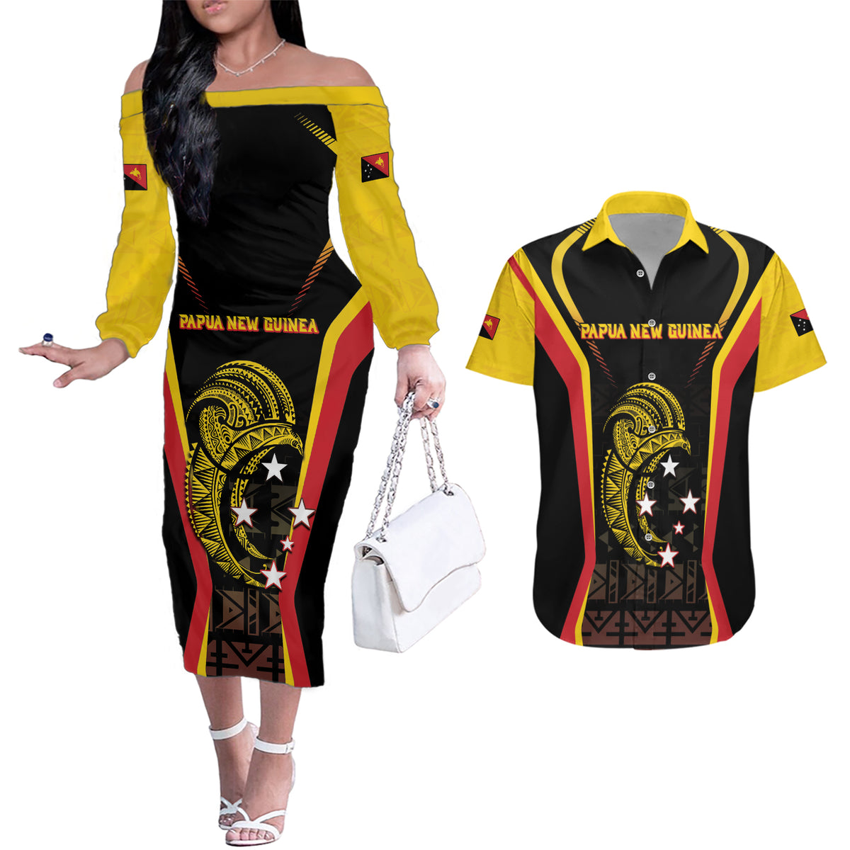 Custom Papua New Guinea Cricket Couples Matching Off The Shoulder Long Sleeve Dress and Hawaiian Shirt 2024 World Cup LT05 Black - Polynesian Pride