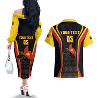Custom Papua New Guinea Cricket Couples Matching Off The Shoulder Long Sleeve Dress and Hawaiian Shirt 2024 World Cup LT05 - Polynesian Pride