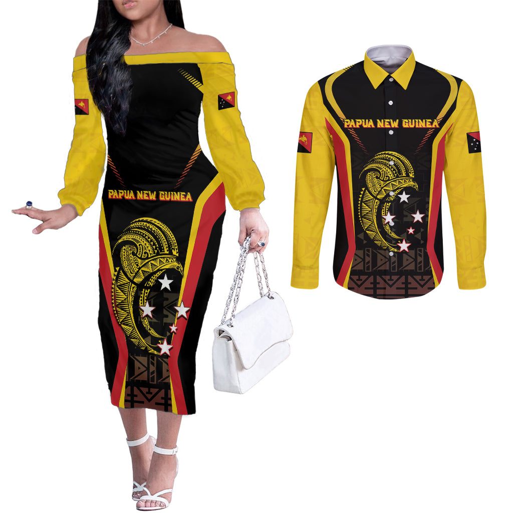 Custom Papua New Guinea Cricket Couples Matching Off The Shoulder Long Sleeve Dress and Long Sleeve Button Shirt 2024 World Cup LT05 Black - Polynesian Pride