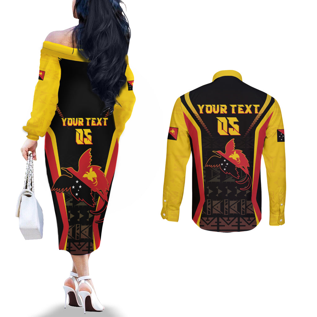 Custom Papua New Guinea Cricket Couples Matching Off The Shoulder Long Sleeve Dress and Long Sleeve Button Shirt 2024 World Cup LT05 - Polynesian Pride