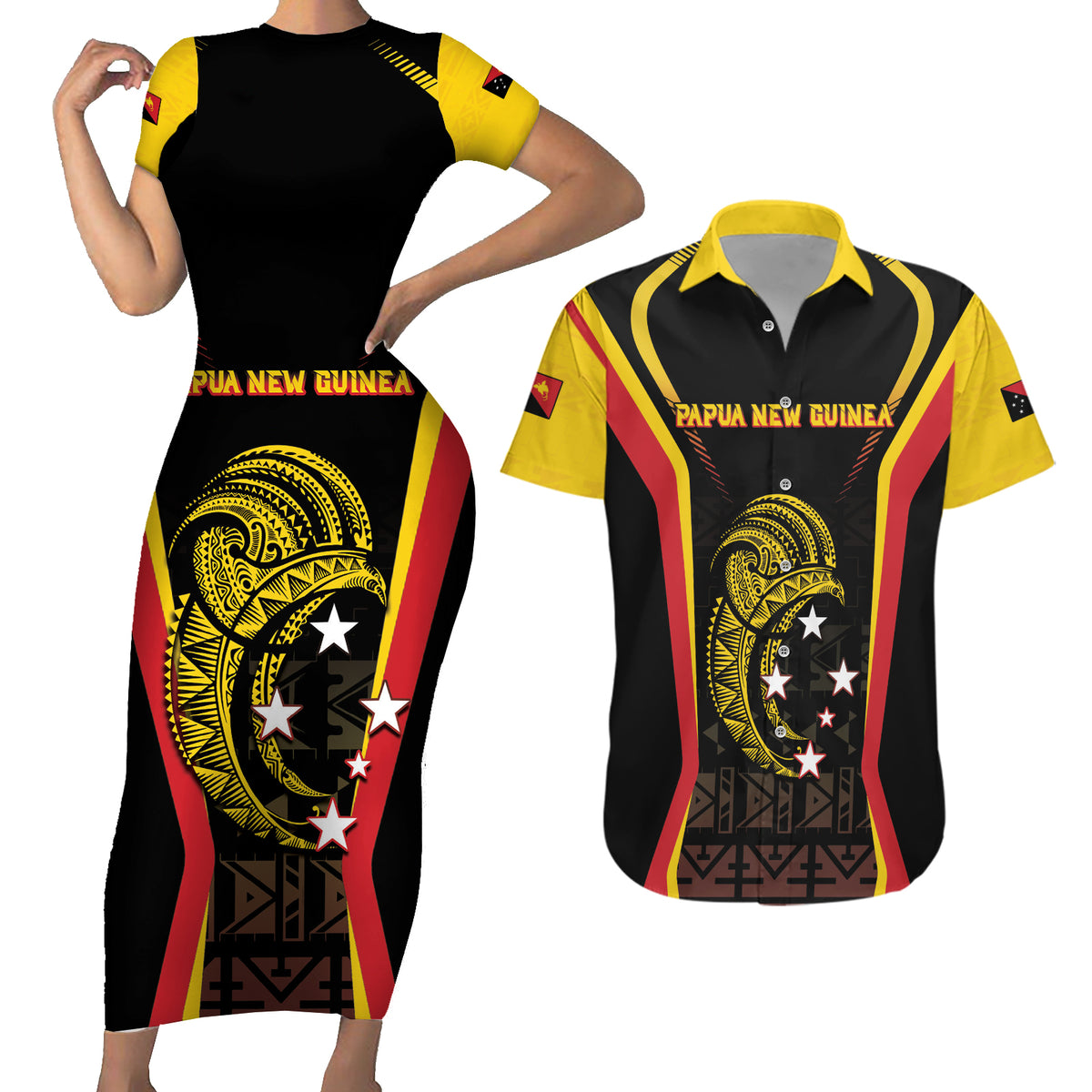 Custom Papua New Guinea Cricket Couples Matching Short Sleeve Bodycon Dress and Hawaiian Shirt 2024 World Cup LT05 Black - Polynesian Pride