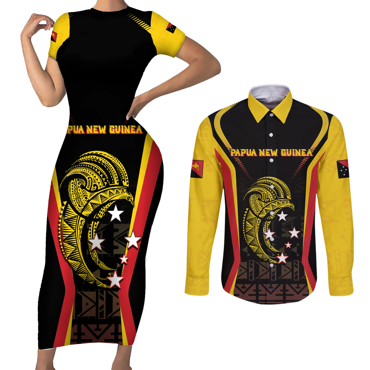 Custom Papua New Guinea Cricket Couples Matching Short Sleeve Bodycon Dress and Long Sleeve Button Shirt 2024 World Cup LT05 Black - Polynesian Pride