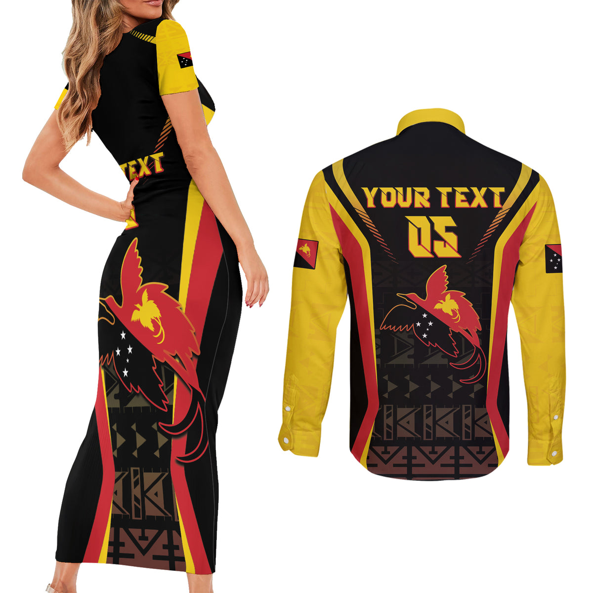 Custom Papua New Guinea Cricket Couples Matching Short Sleeve Bodycon Dress and Long Sleeve Button Shirt 2024 World Cup LT05 - Polynesian Pride