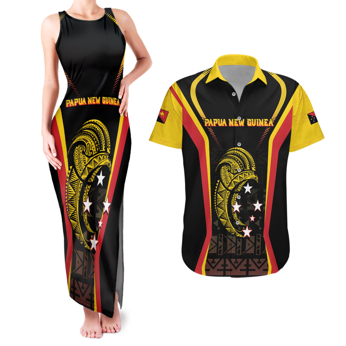 Custom Papua New Guinea Cricket Couples Matching Tank Maxi Dress and Hawaiian Shirt 2024 World Cup LT05 Black - Polynesian Pride