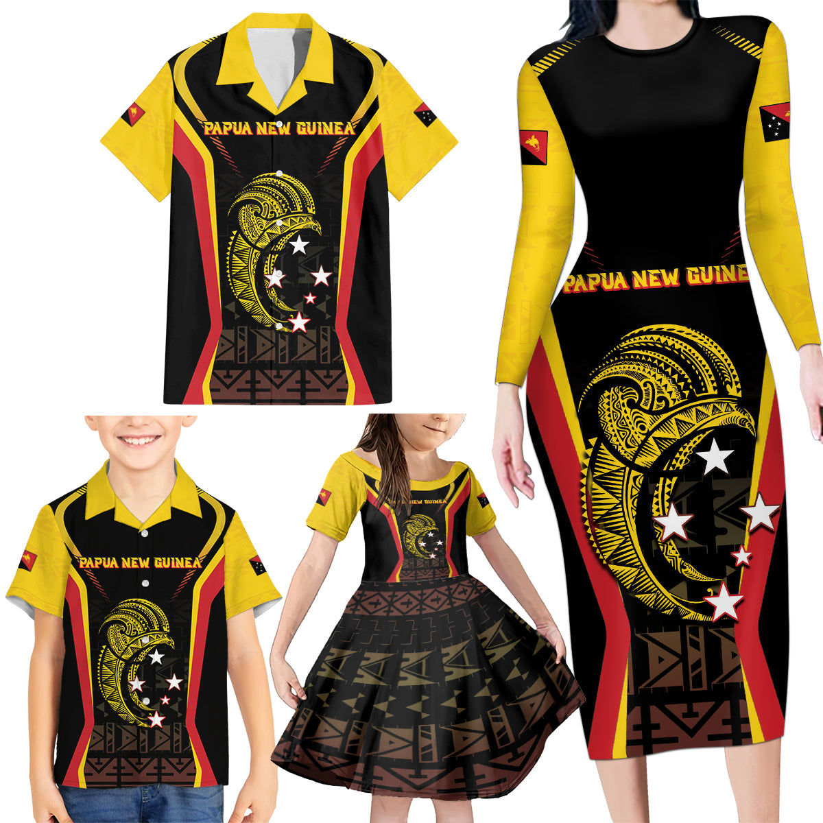 Custom Papua New Guinea Cricket Family Matching Long Sleeve Bodycon Dress and Hawaiian Shirt 2024 World Cup LT05 - Polynesian Pride