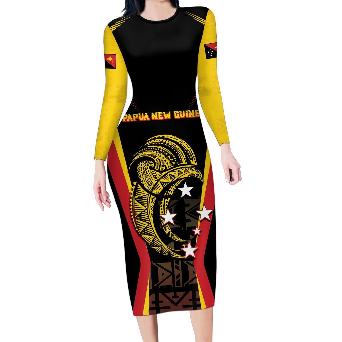Custom Papua New Guinea Cricket Family Matching Long Sleeve Bodycon Dress and Hawaiian Shirt 2024 World Cup LT05 Mom's Dress Black - Polynesian Pride
