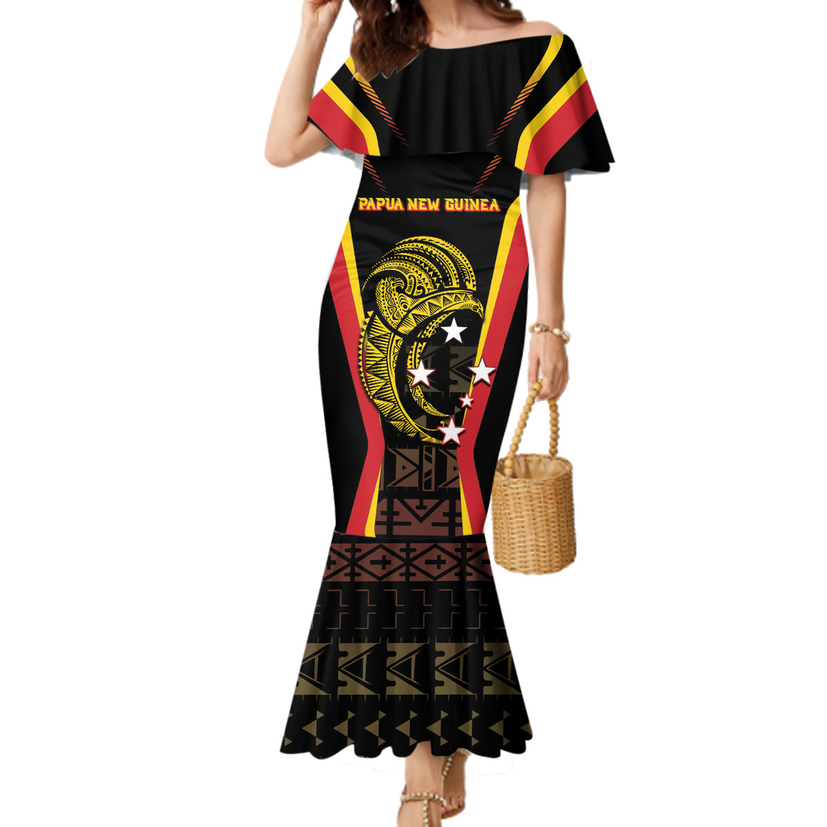 Custom Papua New Guinea Cricket Family Matching Mermaid Dress and Hawaiian Shirt 2024 World Cup LT05 Mom's Dress Black - Polynesian Pride