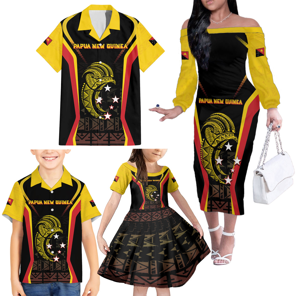 Custom Papua New Guinea Cricket Family Matching Off The Shoulder Long Sleeve Dress and Hawaiian Shirt 2024 World Cup LT05 - Polynesian Pride