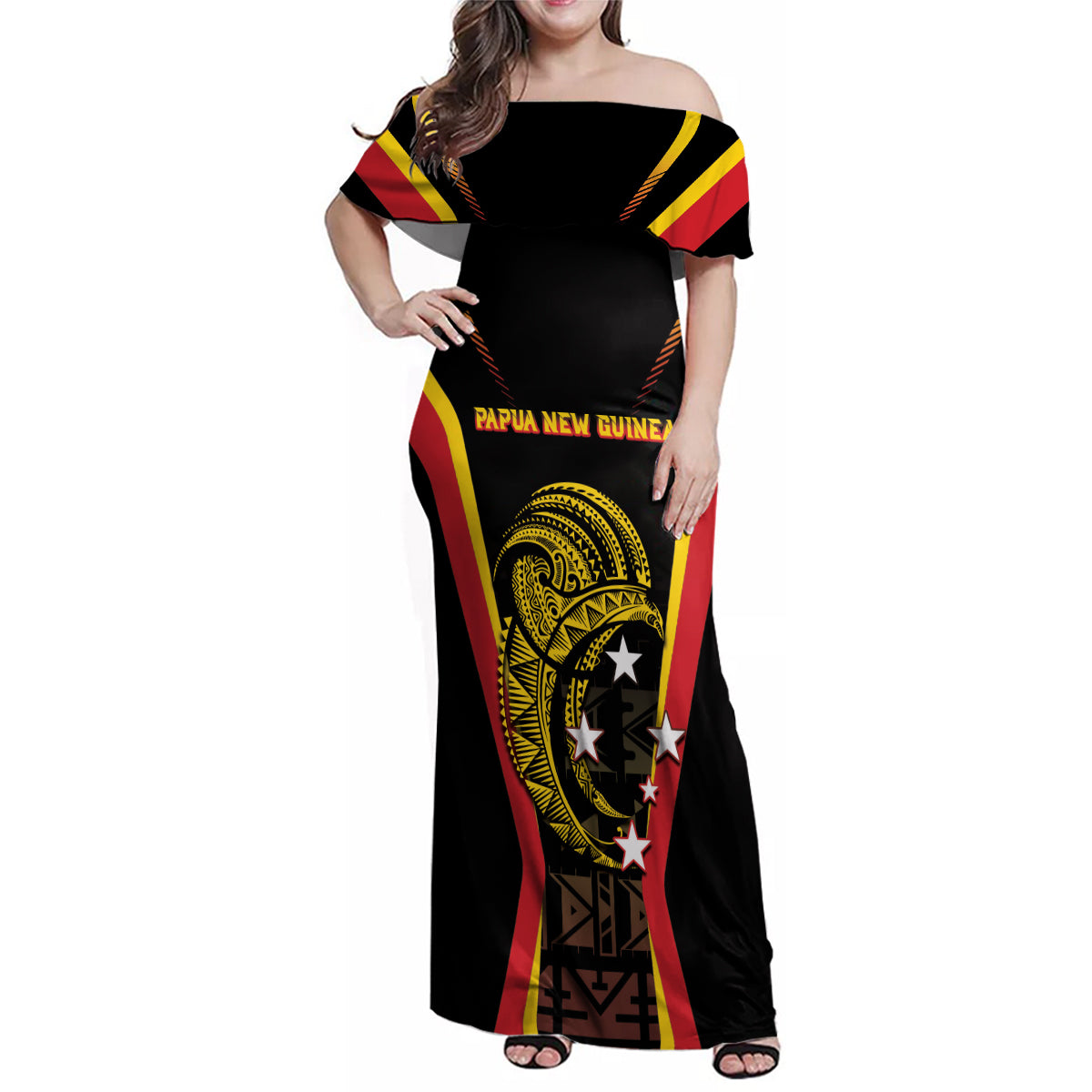 Custom Papua New Guinea Cricket Family Matching Off Shoulder Maxi Dress and Hawaiian Shirt 2024 World Cup LT05 Mom's Dress Black - Polynesian Pride