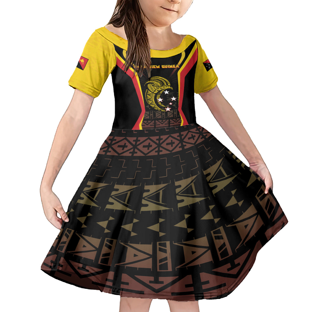 Custom Papua New Guinea Cricket Family Matching Off Shoulder Short Dress and Hawaiian Shirt 2024 World Cup LT05 Daughter's Dress Black - Polynesian Pride