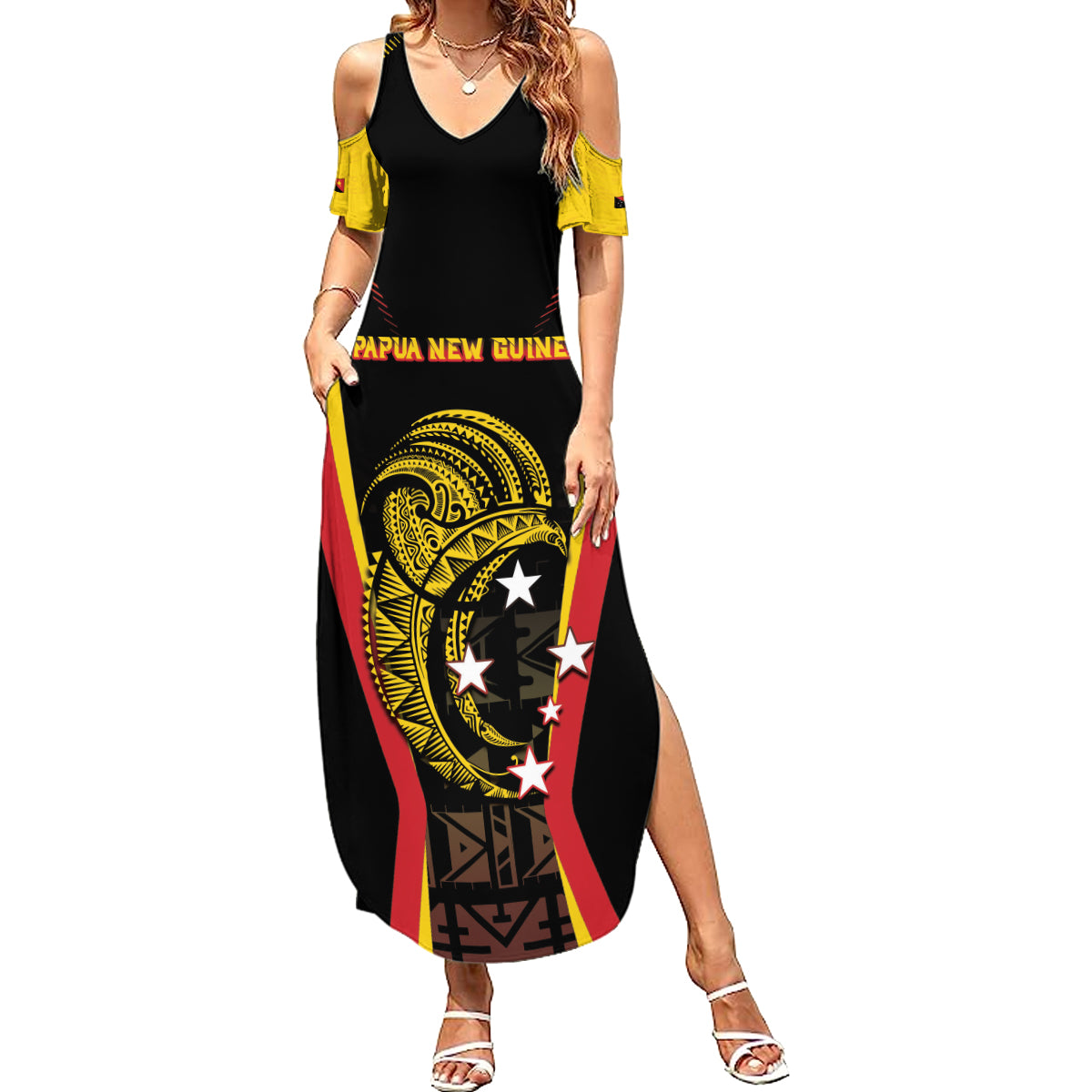 Custom Papua New Guinea Cricket Family Matching Summer Maxi Dress and Hawaiian Shirt 2024 World Cup LT05 Mom's Dress Black - Polynesian Pride