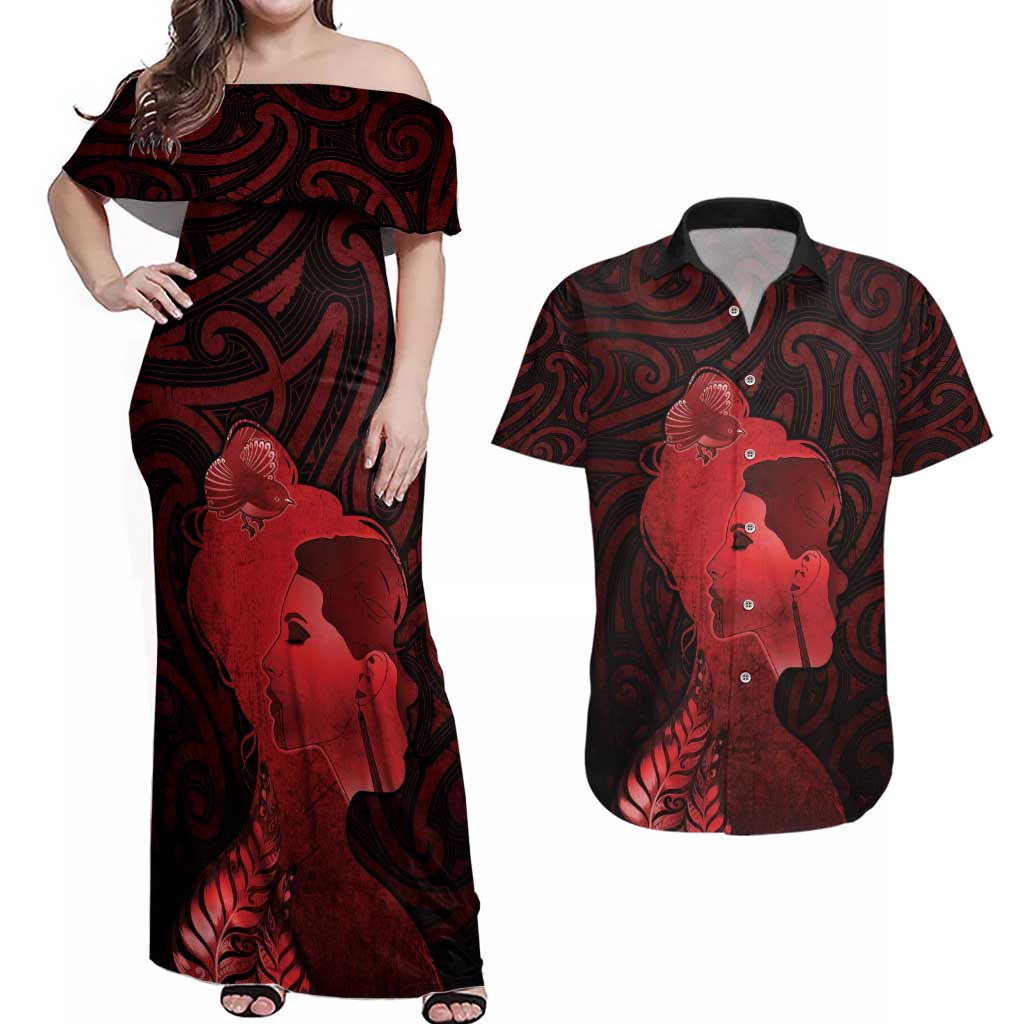 Aotearoa Mana Wahine Couples Matching Off Shoulder Maxi Dress and Hawaiian Shirt The Spiritual Power Of Women LT05 Red - Polynesian Pride