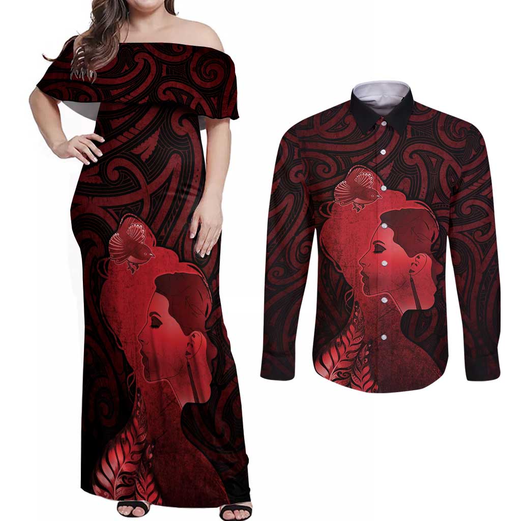 Aotearoa Mana Wahine Couples Matching Off Shoulder Maxi Dress and Long Sleeve Button Shirt The Spiritual Power Of Women LT05 Red - Polynesian Pride