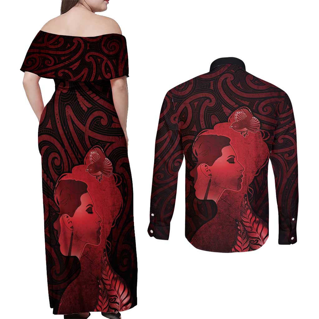Aotearoa Mana Wahine Couples Matching Off Shoulder Maxi Dress and Long Sleeve Button Shirt The Spiritual Power Of Women LT05 - Polynesian Pride