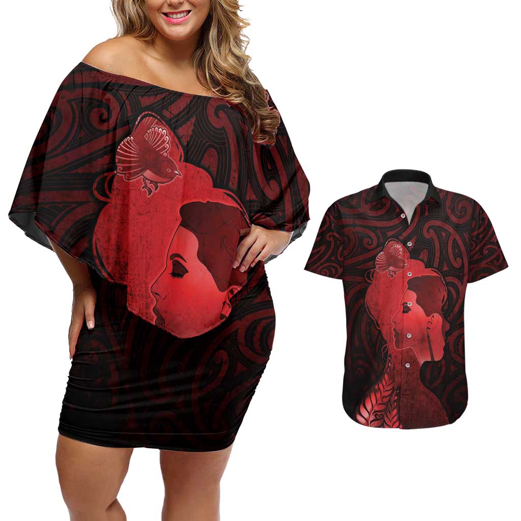 Aotearoa Mana Wahine Couples Matching Off Shoulder Short Dress and Hawaiian Shirt The Spiritual Power Of Women LT05 Red - Polynesian Pride