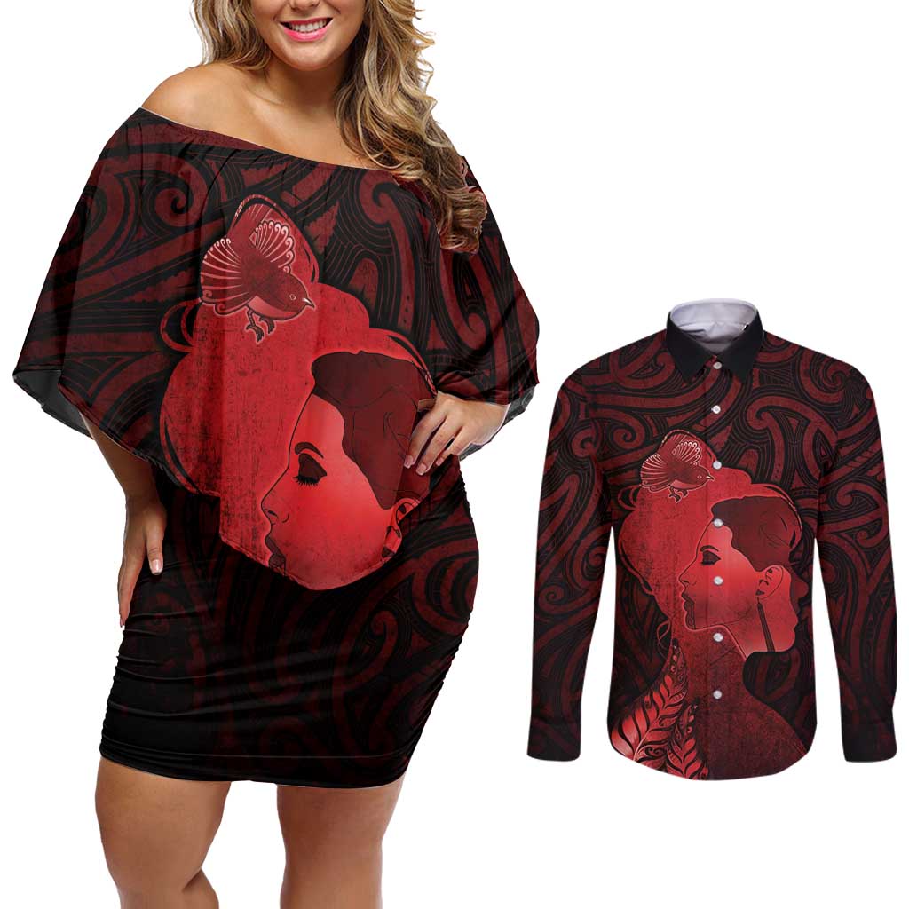 Aotearoa Mana Wahine Couples Matching Off Shoulder Short Dress and Long Sleeve Button Shirt The Spiritual Power Of Women LT05 Red - Polynesian Pride