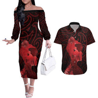 Aotearoa Mana Wahine Couples Matching Off The Shoulder Long Sleeve Dress and Hawaiian Shirt The Spiritual Power Of Women LT05 Red - Polynesian Pride