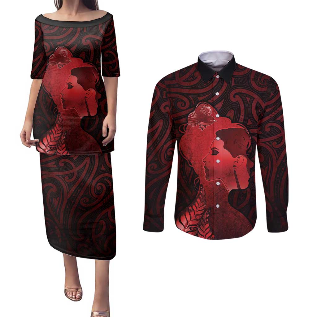 Aotearoa Mana Wahine Couples Matching Puletasi and Long Sleeve Button Shirt The Spiritual Power Of Women LT05 Red - Polynesian Pride