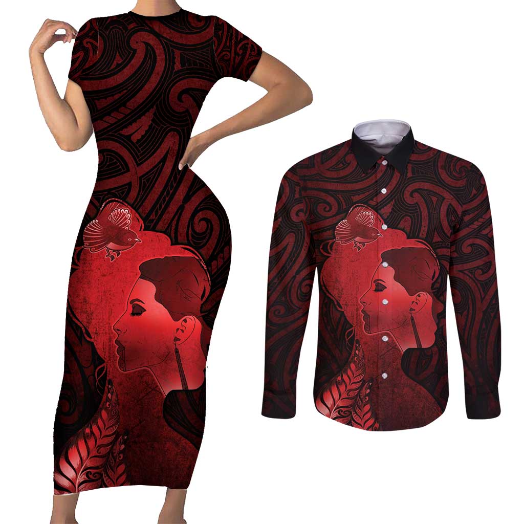Aotearoa Mana Wahine Couples Matching Short Sleeve Bodycon Dress and Long Sleeve Button Shirt The Spiritual Power Of Women LT05 Red - Polynesian Pride