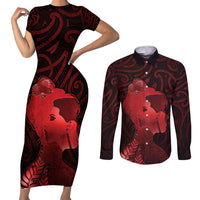 Aotearoa Mana Wahine Couples Matching Short Sleeve Bodycon Dress and Long Sleeve Button Shirt The Spiritual Power Of Women LT05 Red - Polynesian Pride