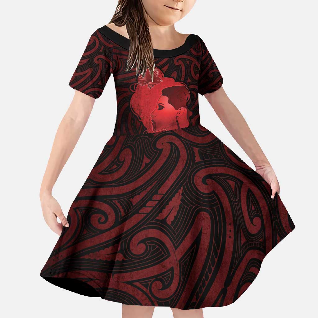 Aotearoa Mana Wahine Family Matching Off Shoulder Maxi Dress and Hawaiian Shirt The Spiritual Power Of Women LT05 Daughter's Dress Red - Polynesian Pride