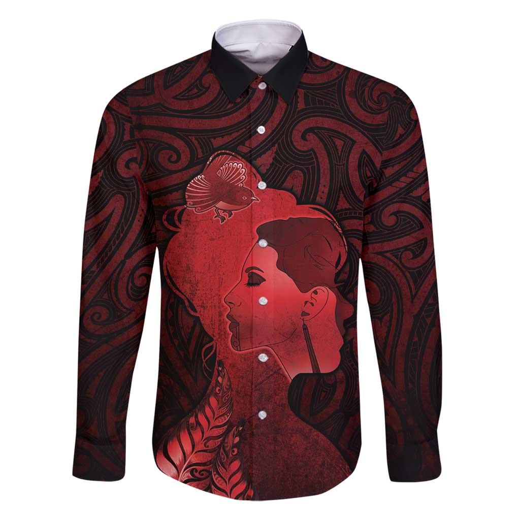 Aotearoa Mana Wahine Family Matching Off Shoulder Maxi Dress and Hawaiian Shirt The Spiritual Power Of Women LT05 Dad's Shirt - Long Sleeve Red - Polynesian Pride