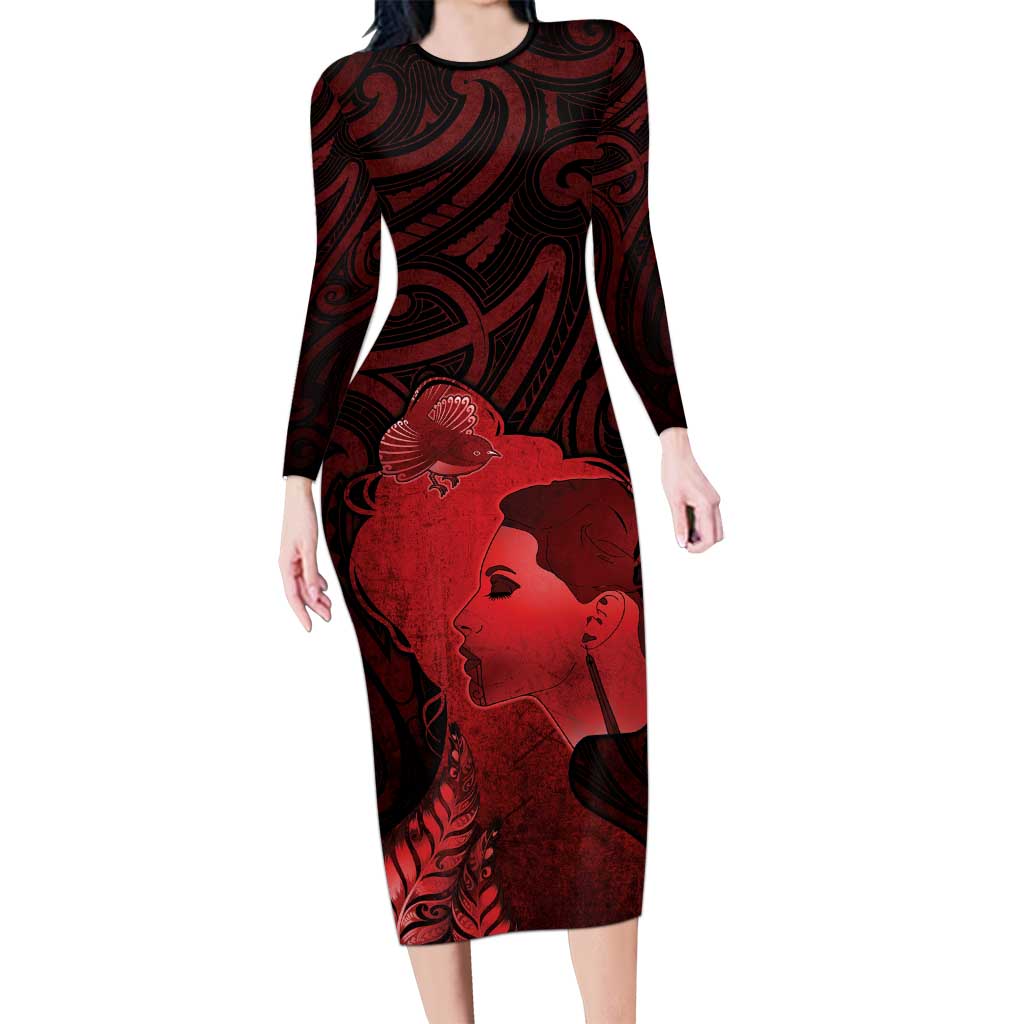 Aotearoa Mana Wahine Long Sleeve Bodycon Dress The Spiritual Power Of Women LT05 Long Dress Red - Polynesian Pride