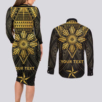 Personalised Philippines Independence Day Couples Matching Long Sleeve Bodycon Dress and Long Sleeve Button Shirt Filipinos Sun Star Tribal LT05 - Polynesian Pride
