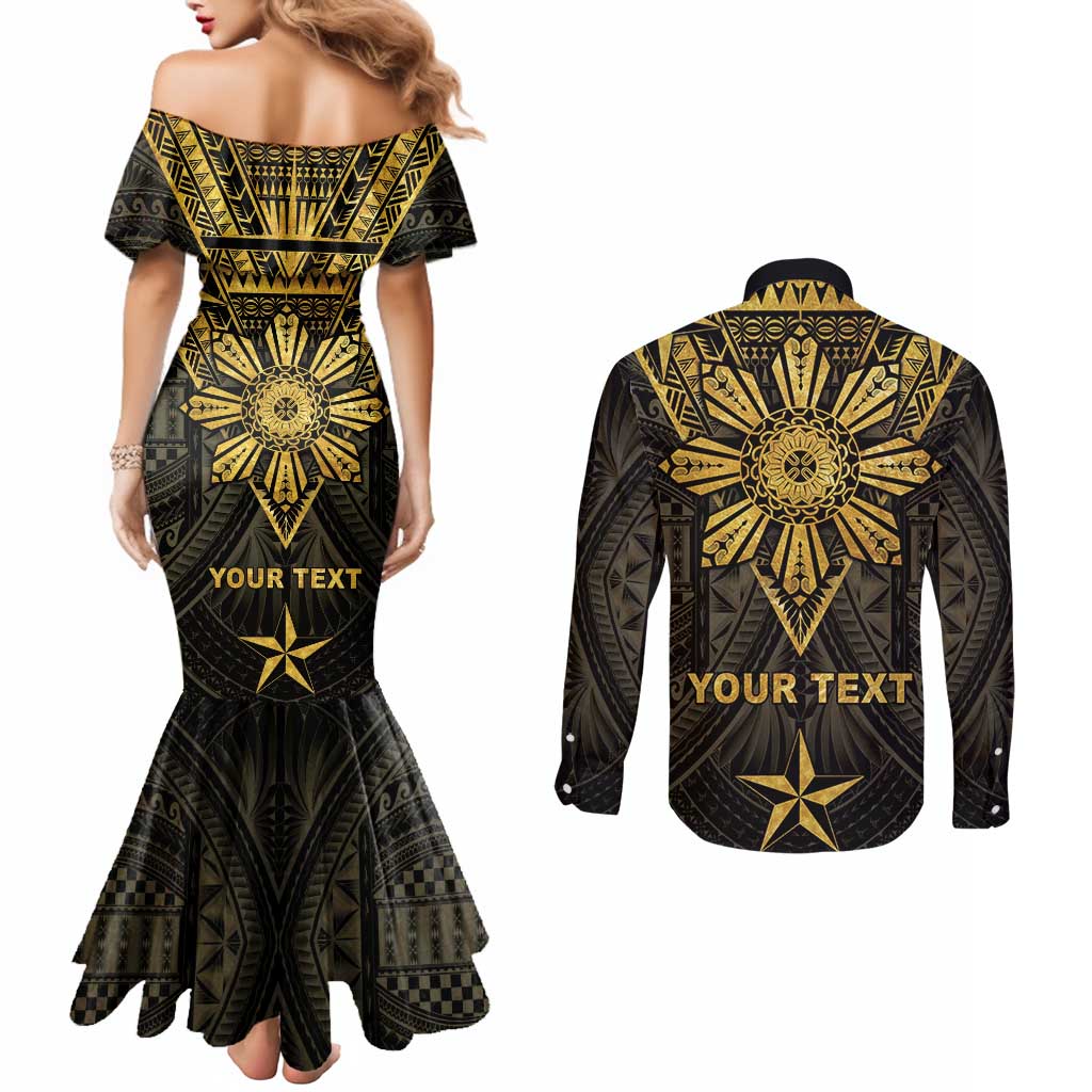 Personalised Philippines Independence Day Couples Matching Mermaid Dress and Long Sleeve Button Shirt Filipinos Sun Star Tribal LT05 - Polynesian Pride