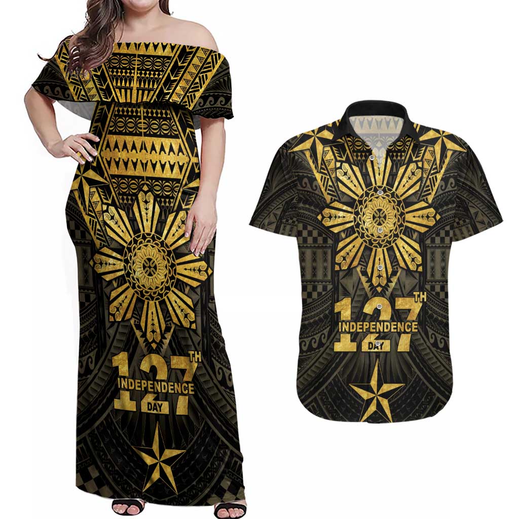Personalised Philippines Independence Day Couples Matching Off Shoulder Maxi Dress and Hawaiian Shirt Filipinos Sun Star Tribal LT05 Gold - Polynesian Pride