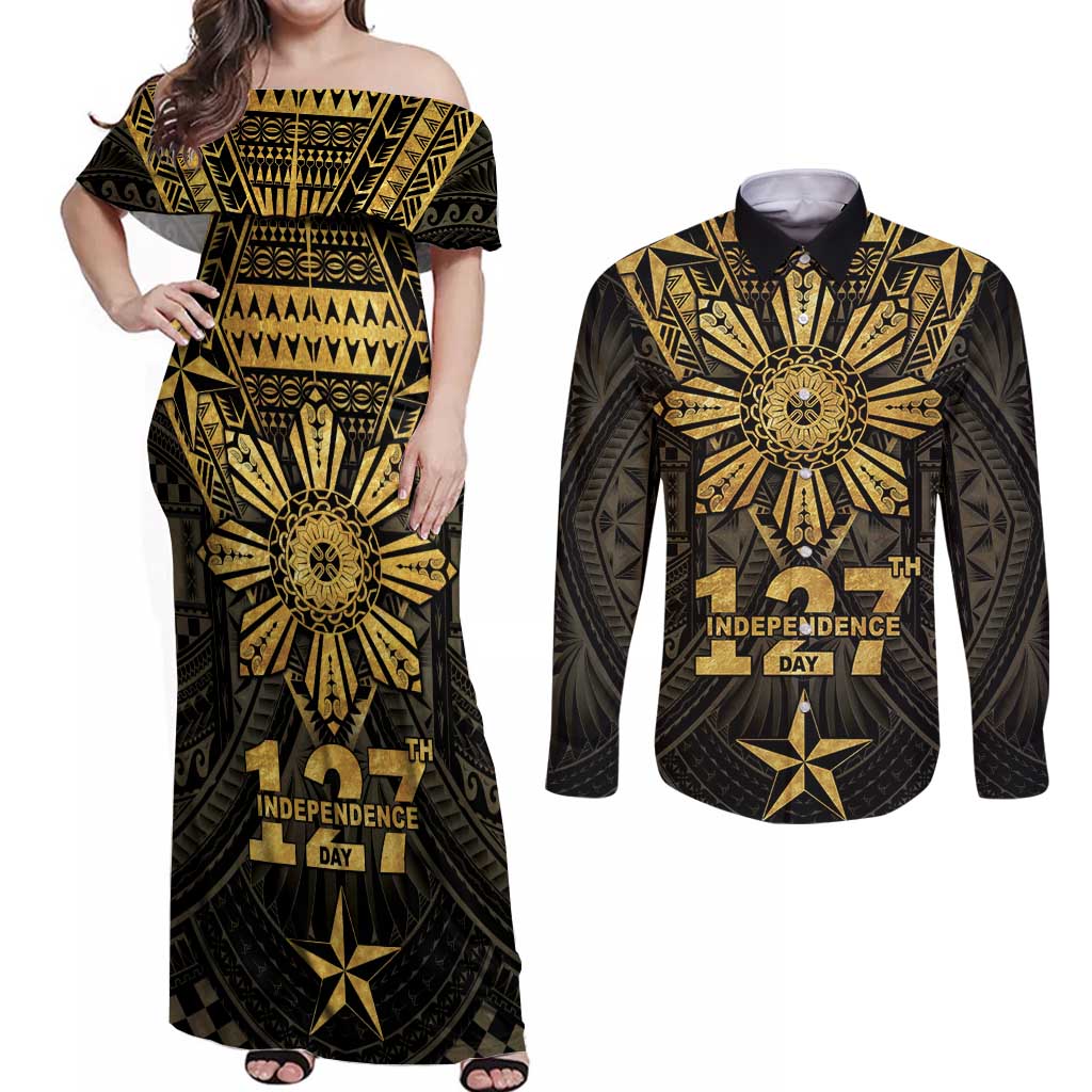 Personalised Philippines Independence Day Couples Matching Off Shoulder Maxi Dress and Long Sleeve Button Shirt Filipinos Sun Star Tribal LT05 Gold - Polynesian Pride
