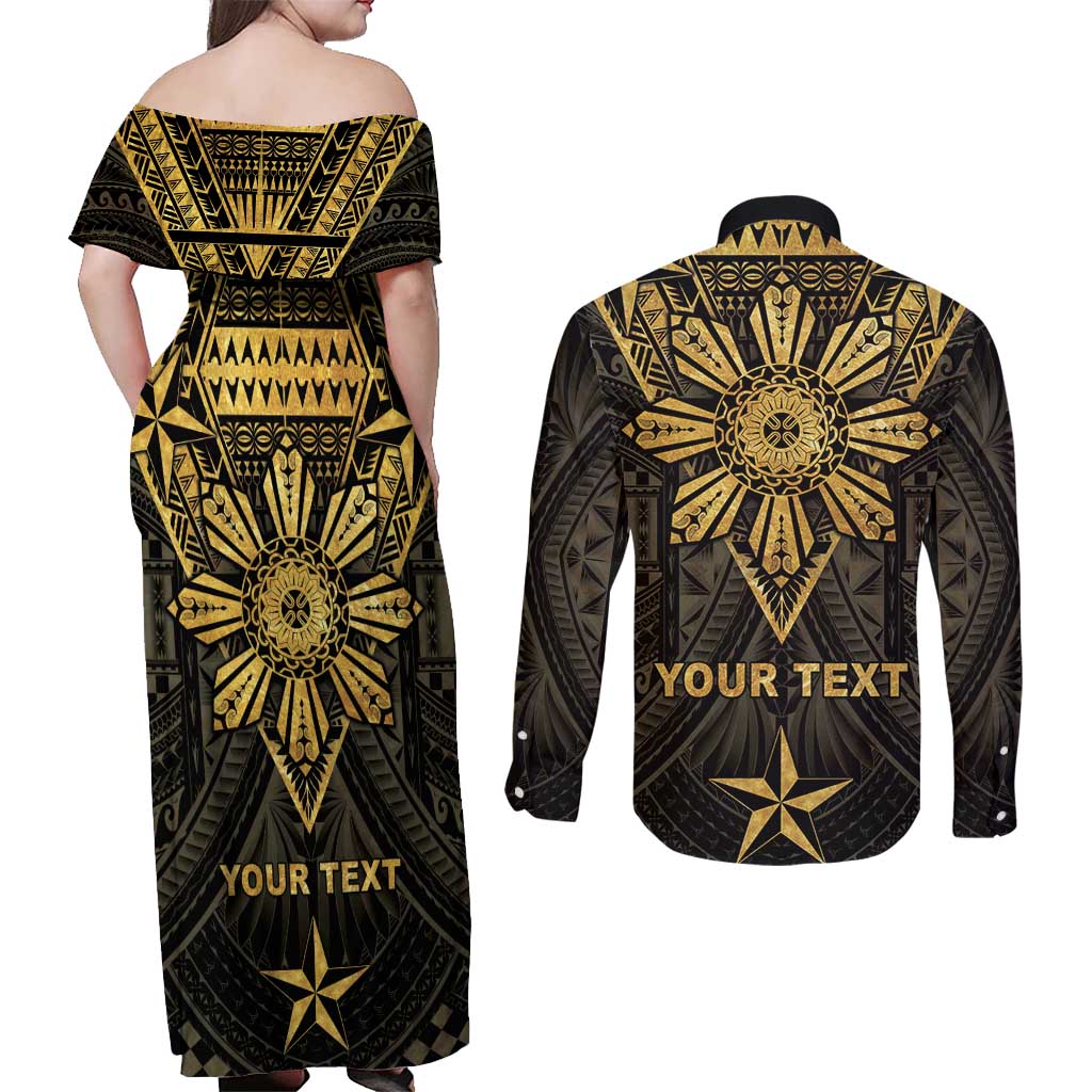 Personalised Philippines Independence Day Couples Matching Off Shoulder Maxi Dress and Long Sleeve Button Shirt Filipinos Sun Star Tribal LT05 - Polynesian Pride