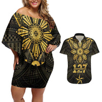 Personalised Philippines Independence Day Couples Matching Off Shoulder Short Dress and Hawaiian Shirt Filipinos Sun Star Tribal LT05 Gold - Polynesian Pride