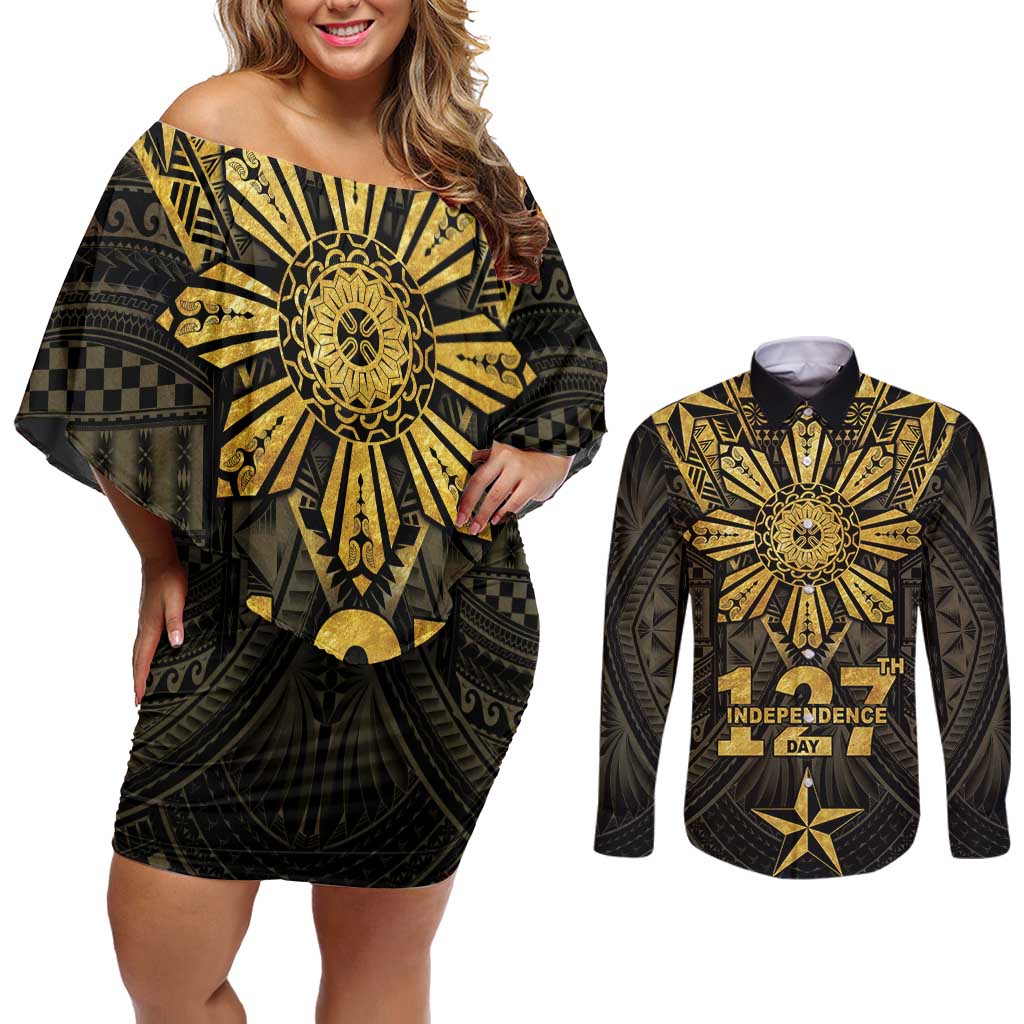 Personalised Philippines Independence Day Couples Matching Off Shoulder Short Dress and Long Sleeve Button Shirt Filipinos Sun Star Tribal LT05 Gold - Polynesian Pride